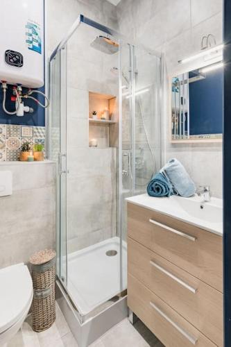 une salle de bain avec une douche, des toilettes et un lavabo dans l'établissement L'Appart' Cosy, à Bourgoin-Jallieu
