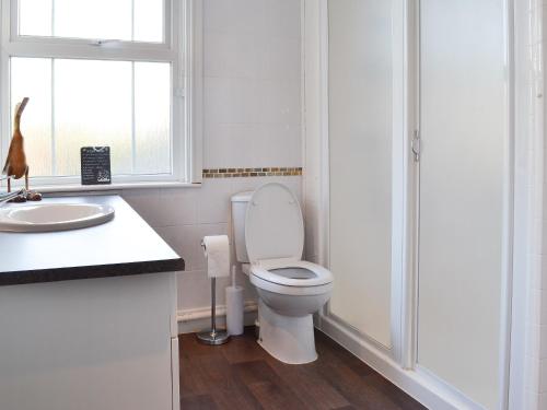 a bathroom with a toilet and a sink and a window at Pams Plaice in Offord Cluny