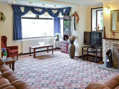 a living room with a couch and a television at Coombe End Cottage in Carnbrea