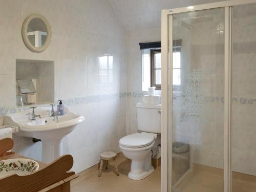 a bathroom with a toilet and a sink and a shower at Shedend in Kingston