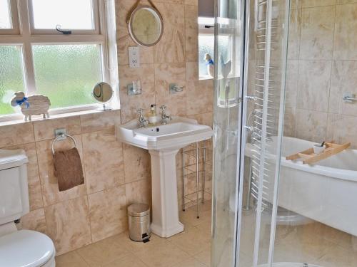 a bathroom with a shower and a sink and a toilet at Storrs Croft in Arkholme