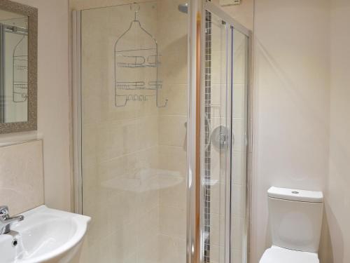 uma casa de banho com um chuveiro, um WC e um lavatório. em Woodview Lodge em Barlow