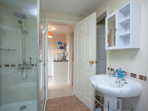 Washfield的住宿－查萊特埃特蒂博托普度假屋，一间带水槽和淋浴的浴室