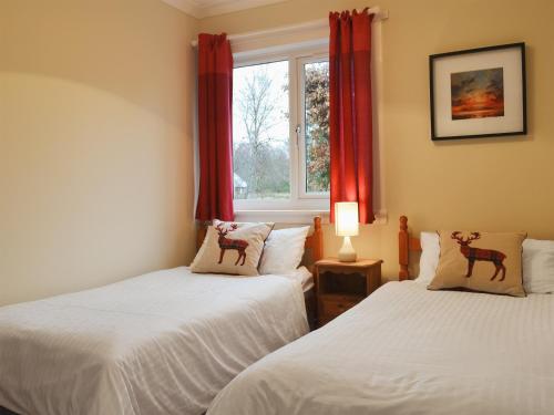two beds in a room with red curtains and a window at Torr Caladh in Glenfinnan