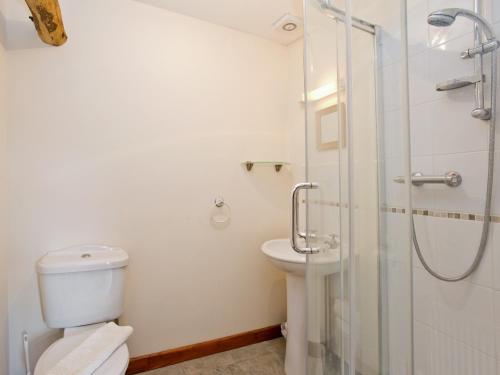 a bathroom with a toilet and a glass shower at Basil - E4325 in Ludham