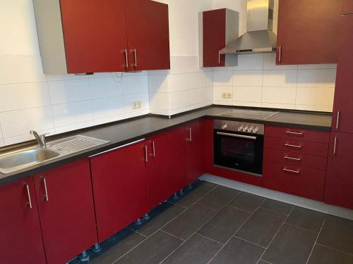 eine Küche mit roten Schränken und einem Waschbecken in der Unterkunft Zentrale 2-Zimmer Wohnung in Altstadt & Bahnhofsnähe ( überdachte Gartenterasse ) in Lübeck