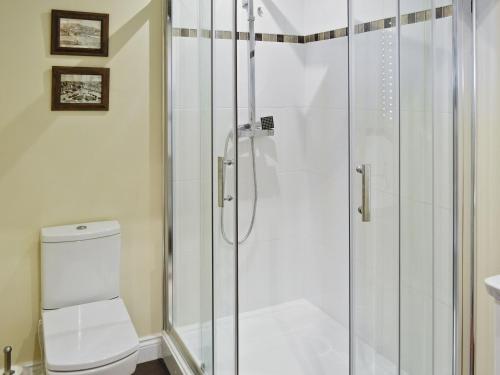 a bathroom with a shower and a toilet at Granary Cottage in Penrhyn Bay