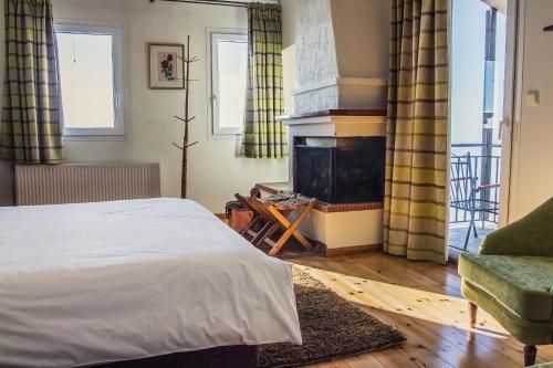 a bedroom with a bed and a fireplace at Horizon Hotel in Ioannina