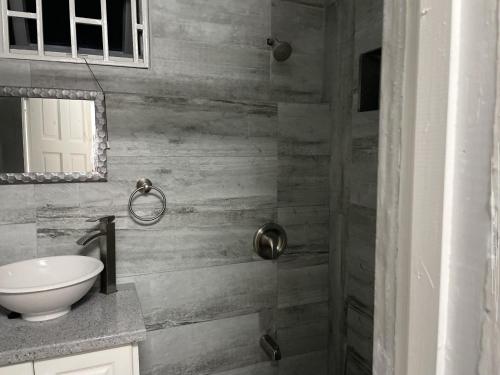 ein Badezimmer mit einem weißen Waschbecken und einem Spiegel in der Unterkunft Travellers Villa in Roseau