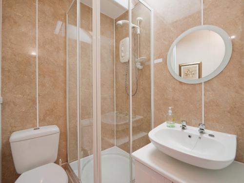 a bathroom with a toilet and a sink and a mirror at Holly Cottage in Crowthorne