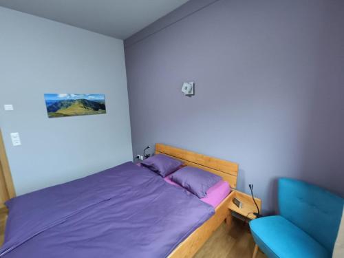 Gantrisch Lodge في Rüschegg: غرفة نوم بسرير وكرسي ازرق