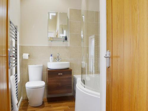 uma casa de banho com um WC, um lavatório e um espelho. em Castle Dairy - 27901 em Ceres