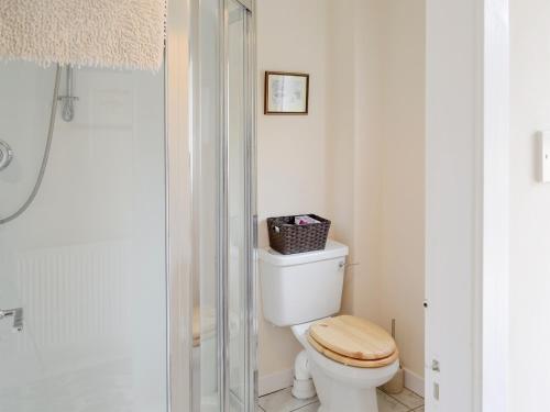 a bathroom with a toilet with a glass shower stall at Keepers House in Glenrossal
