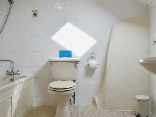 a white bathroom with a toilet and a sink at Hendy in Waenfawr