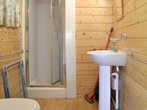 uma casa de banho com um lavatório e um chuveiro em The Cabin em Wendling