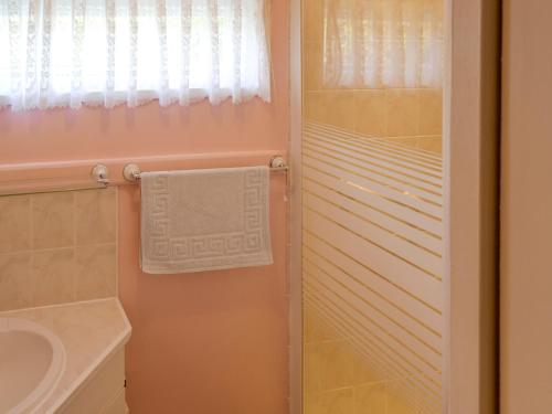 a bathroom with a sink and a shower with a towel at Silver Birches-af46 in Horning