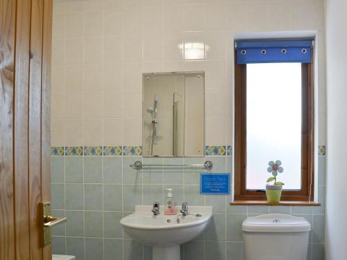 a bathroom with a sink and a toilet and a mirror at Squirrel Cottage in Kilmuir