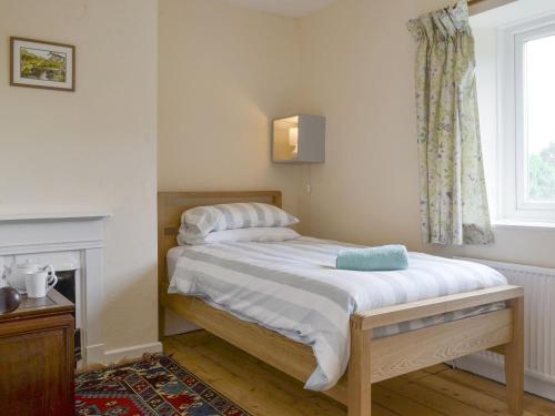 een slaapkamer met een bed, een open haard en een raam bij Winscott Cottage in Pyworthy