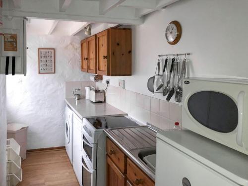 a kitchen with a stove and a microwave at Cych Cottage in Capel-Ifan