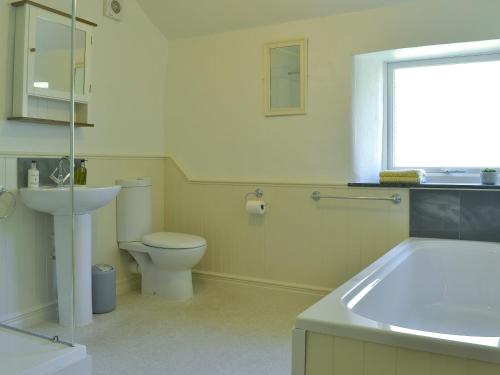 a bathroom with a toilet and a sink and a tub at Clarence Cottage in Appleby