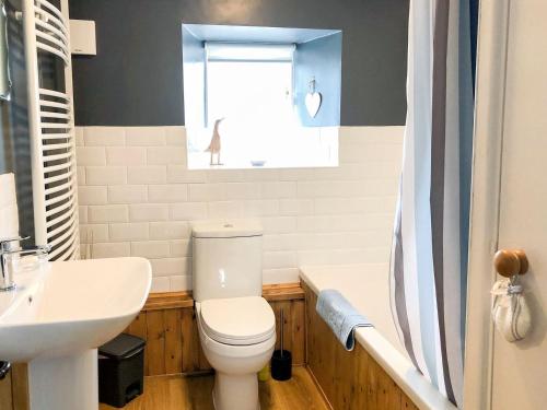 a bathroom with a toilet and a sink and a window at Borrowdale Cottage in Brough