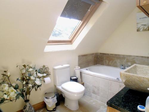 a bathroom with a toilet and a sink and a bath tub at The Old Stables in Crynant