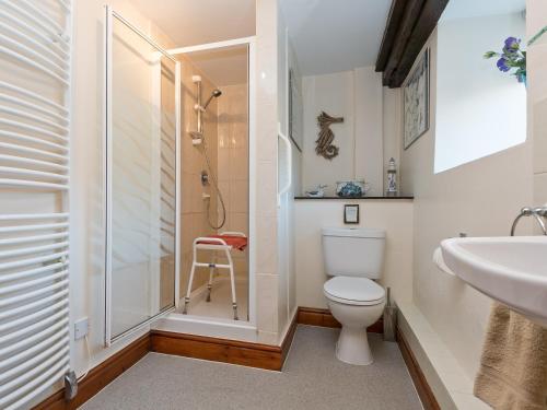 a bathroom with a shower and a toilet and a sink at Mallards in Thornham