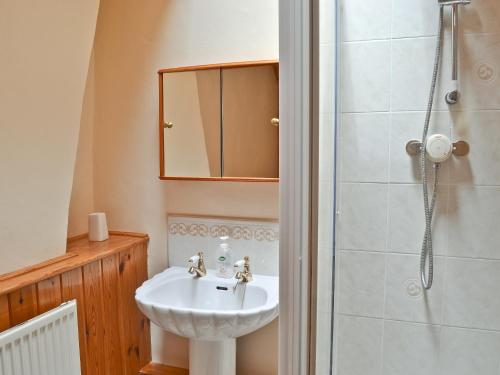 uma casa de banho com um lavatório e um chuveiro em No 2 Flowery Bank em Malton