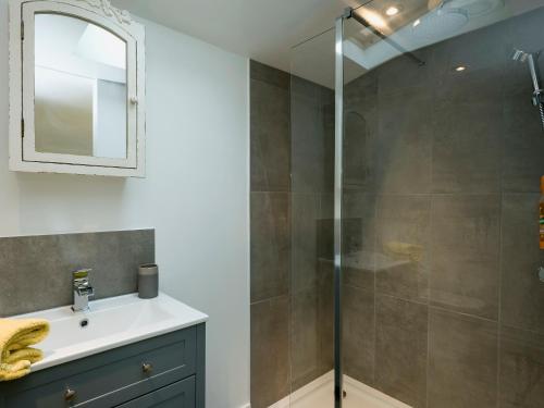 a bathroom with a shower and a sink and a mirror at Barn Owl Lodge in Stoke Holy Cross