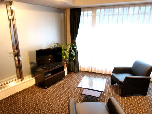 a living room with a couch and a tv at HOTEL LiVEMAX BUDGET Korakuen in Tokyo