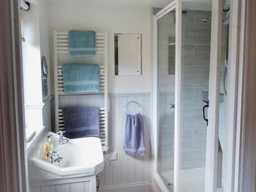 a white bathroom with a sink and a shower at Pheasant Lodge in Mattishall