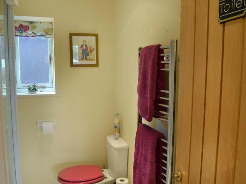 La salle de bains est pourvue de serviettes violettes suspendues au-dessus des toilettes. dans l'établissement Thurst House Farm Holiday Cottage, à Ripponden