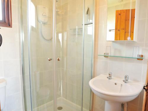 a bathroom with a shower and a sink at Finch Lodge - E4793 in Nawton