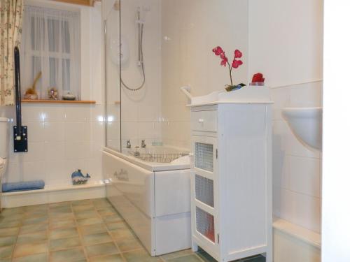 a bathroom with a shower and a toilet and a sink at Nellys Cottage in Lanehead