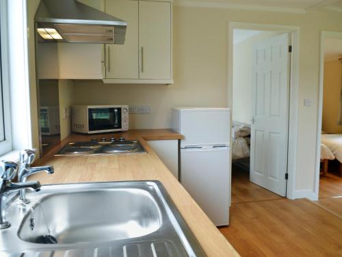 a kitchen with a sink and a white refrigerator at Swallows Nest in Hoel-galed