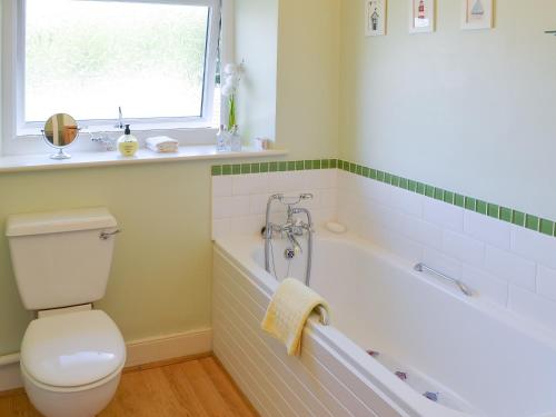 a bathroom with a toilet and a tub and a window at Lavender Cottage in Buckfastleigh