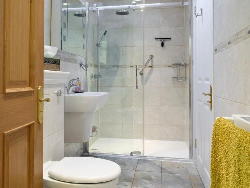 a bathroom with a shower and a toilet and a sink at The But N Ben - 28139 in Dunkeld