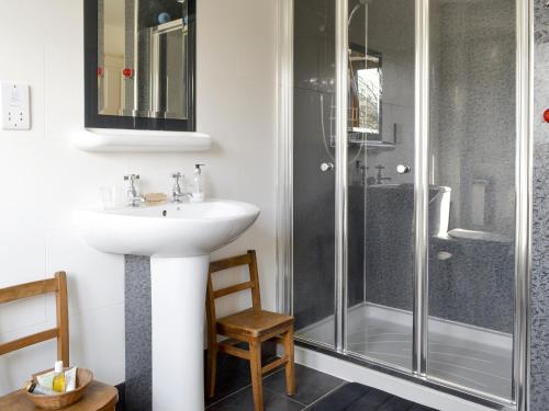 W łazience znajduje się umywalka i prysznic. w obiekcie Solitude w mieście Aberhafesp