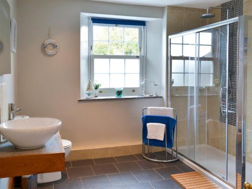 a bathroom with a shower and a toilet and a sink at North Coombe Farm in Upton