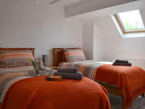 a bedroom with two beds with orange sheets and a window at Willow Cottage in Woolfardisworthy