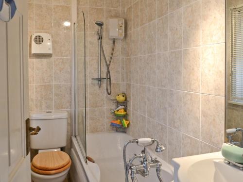 een badkamer met een douche, een toilet en een wastafel bij Pebbles in Lympstone