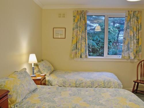 a bedroom with two beds and a window at Seabank Cottage in Clachan