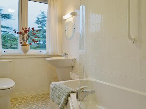 a bathroom with a tub and a toilet and a sink at Seabank Cottage in Clachan