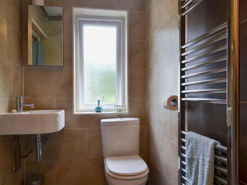 a bathroom with a toilet and a sink and a window at Tre Anna Lodge in Dwyran