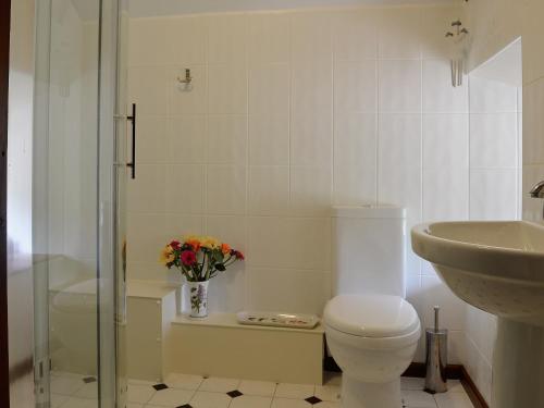 een badkamer met een toilet, een wastafel en een vaas met bloemen bij Cherrytree Cottage - 29937 in Holcombe Burnell