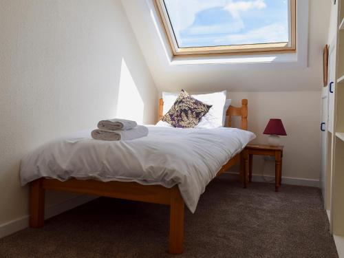 a small bedroom with a bed with a skylight at Kannier Cottage in Saint Monance