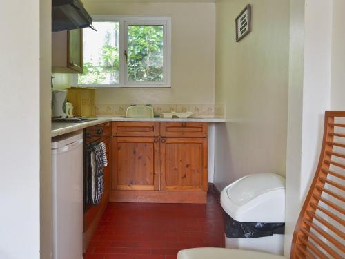 Elle comprend une petite cuisine avec des placards en bois et une fenêtre. dans l'établissement Poplar Cottage, à Cote
