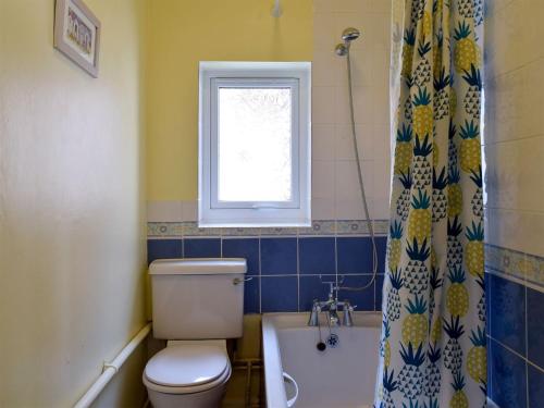 a bathroom with a toilet and a window and a shower curtain at Felix Court in Felixstowe