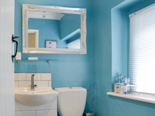 a blue bathroom with a toilet and a mirror at Cosy Nook in Cromford