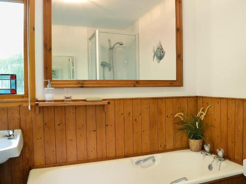 a bathroom with a tub and a sink and a mirror at Tigh An Uillt in Strachur